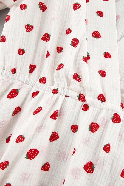 Strawberry Print V-Neck Balloon Sleeve Tiered Ruffle Mini Dress