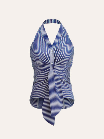 Striped Halter Top for Women – Summer V-Neck Sleeveless Blouse in Breathable Polyester