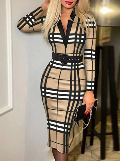 Deep V Neck Lapel Collar Belted Plaid Print Long Sleeve Bodycon Midi Dress