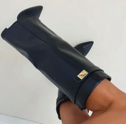 Stylish High Boots with Flap and Block Heel – 8.5cm Leather or Suede
