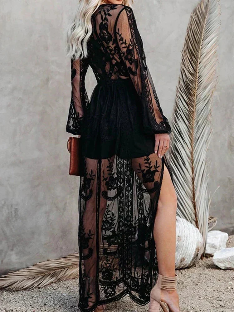 Floral Lace Embroidered Mesh Deep V-Neck Bishop Sleeve Maxi Dress