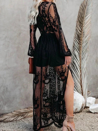 Floral Lace Embroidered Mesh Deep V-Neck Bishop Sleeve Maxi Dress
