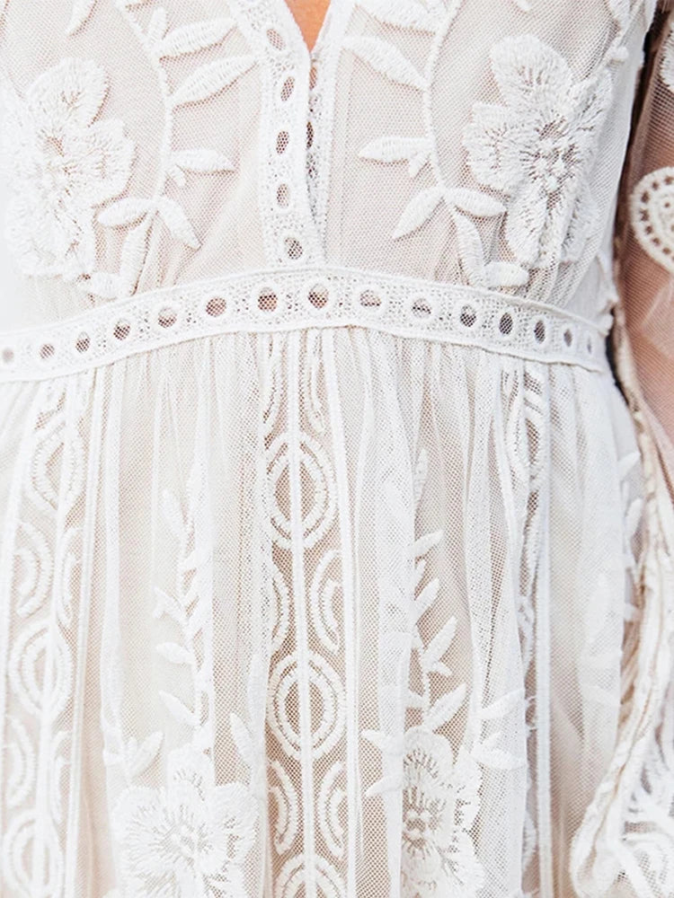 Floral Lace Embroidered Mesh Deep V-Neck Bishop Sleeve Maxi Dress