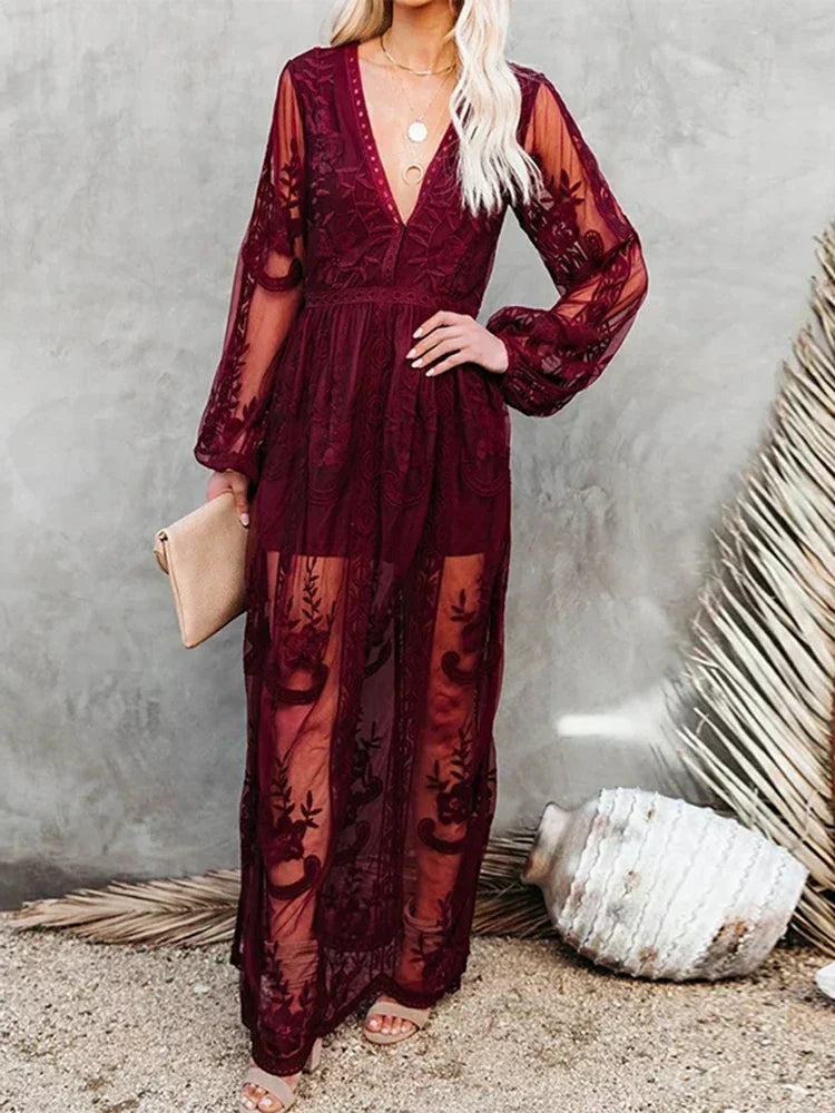 Floral Lace Embroidered Mesh Deep V-Neck Bishop Sleeve Maxi Dress