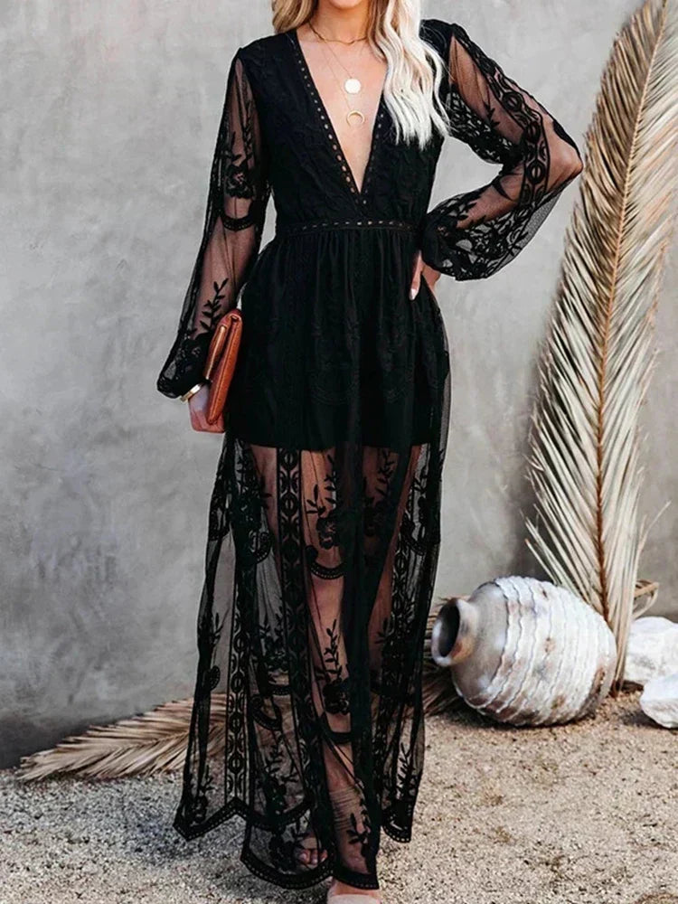 Floral Lace Embroidered Mesh Deep V-Neck Bishop Sleeve Maxi Dress