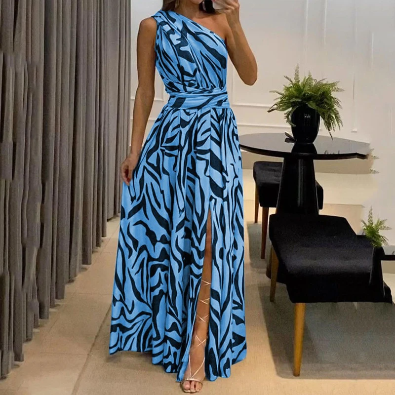 Zebra Print One-Shoulder Side Slit Maxi Dress