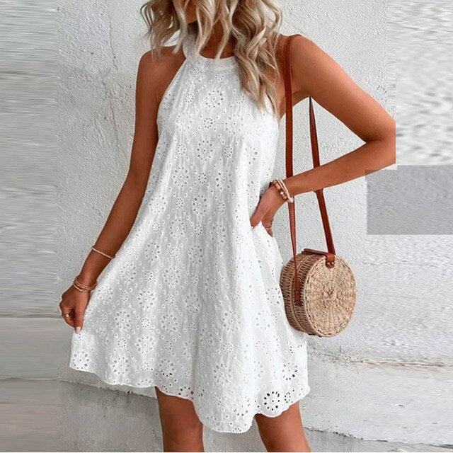 Eyelet Embroidered Floral Halter Neck Scalloped Hem A-Line Mini Dress