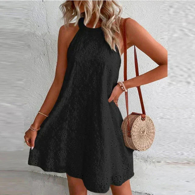 Eyelet Embroidered Floral Halter Neck Scalloped Hem A-Line Mini Dress