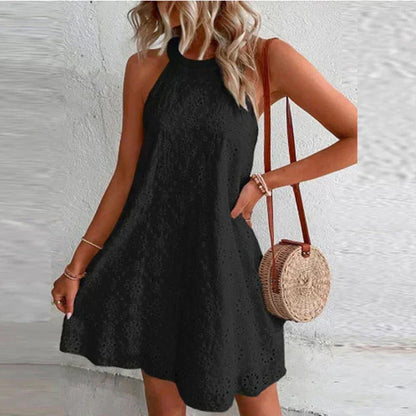 Eyelet Embroidered Floral Halter Neck Scalloped Hem A-Line Mini Dress
