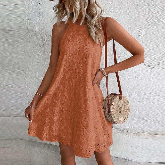Eyelet Embroidered Floral Halter Neck Scalloped Hem A-Line Mini Dress