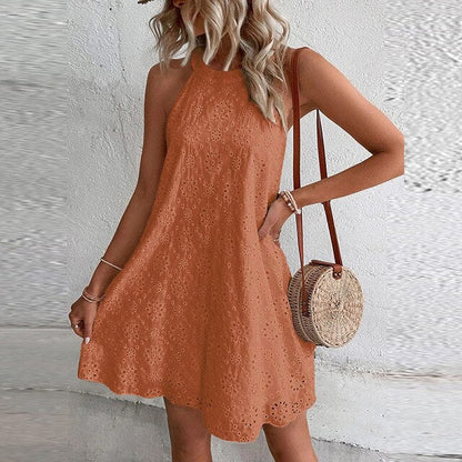 Eyelet Embroidered Floral Halter Neck Scalloped Hem A-Line Mini Dress