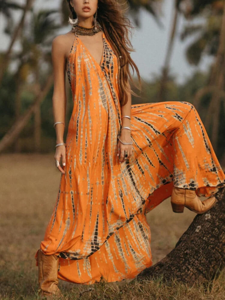 Deep V Neck Sleeveless Tie Dye Shibori Handkerchief Hem Maxi Dress