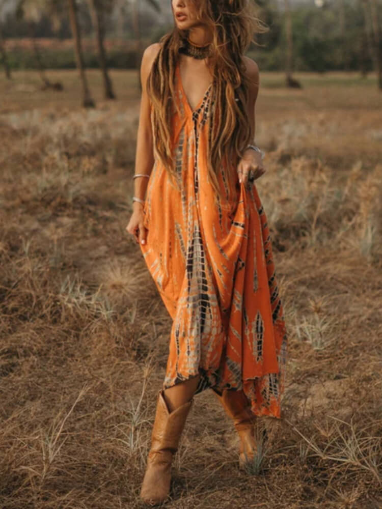 Deep V Neck Sleeveless Tie Dye Shibori Handkerchief Hem Maxi Dress