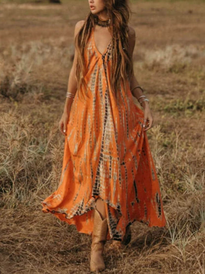 Deep V Neck Sleeveless Tie Dye Shibori Handkerchief Hem Maxi Dress