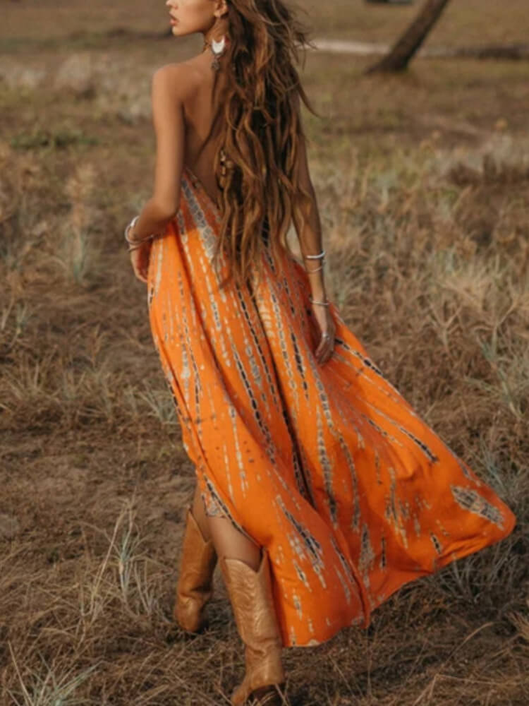 Deep V Neck Sleeveless Tie Dye Shibori Handkerchief Hem Maxi Dress