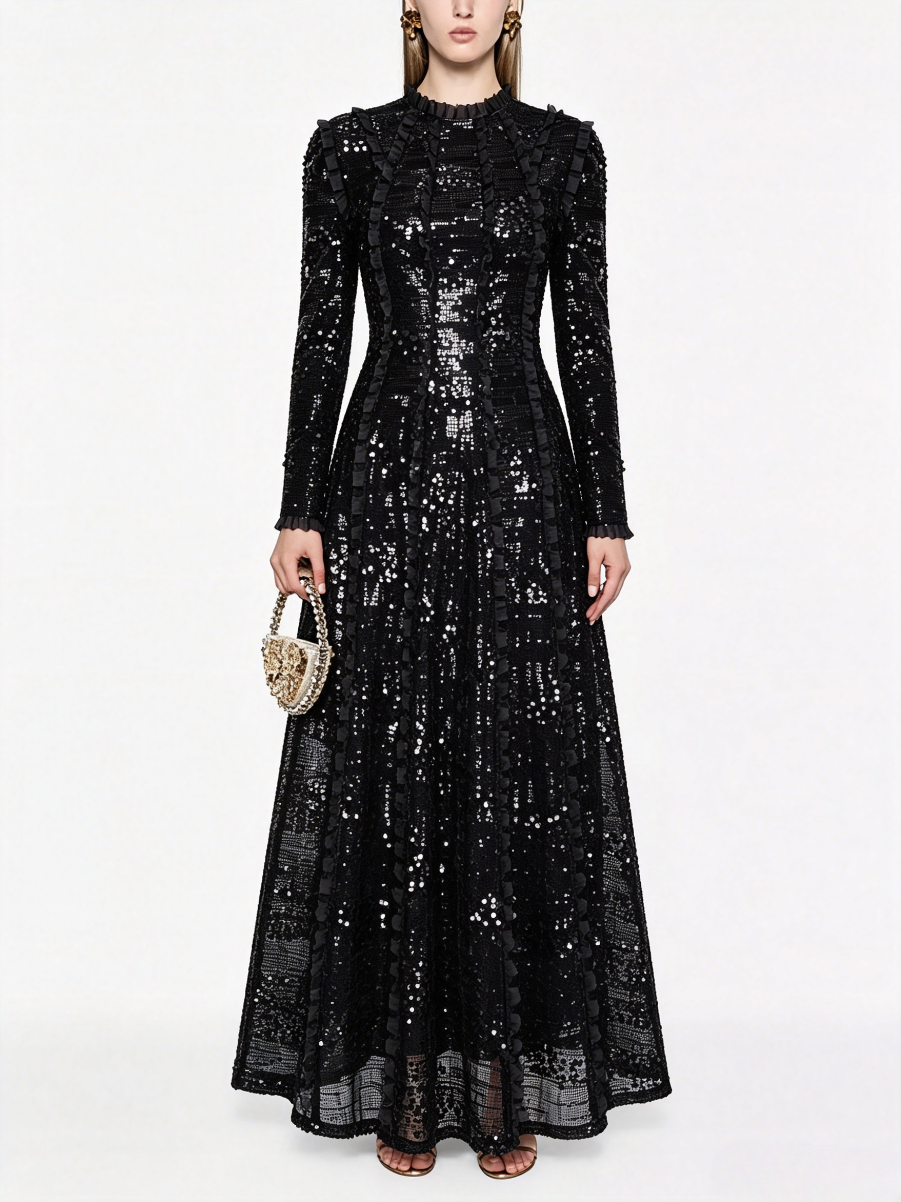 Party Dress Maxi Champagne Stand Collar Sequins Long Sleeves Elegant Semi Formal Dress
