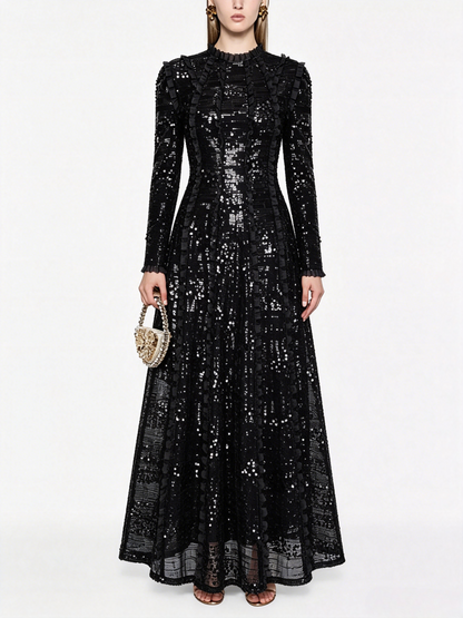 Party Dress Maxi Champagne Stand Collar Sequins Long Sleeves Elegant Semi Formal Dress