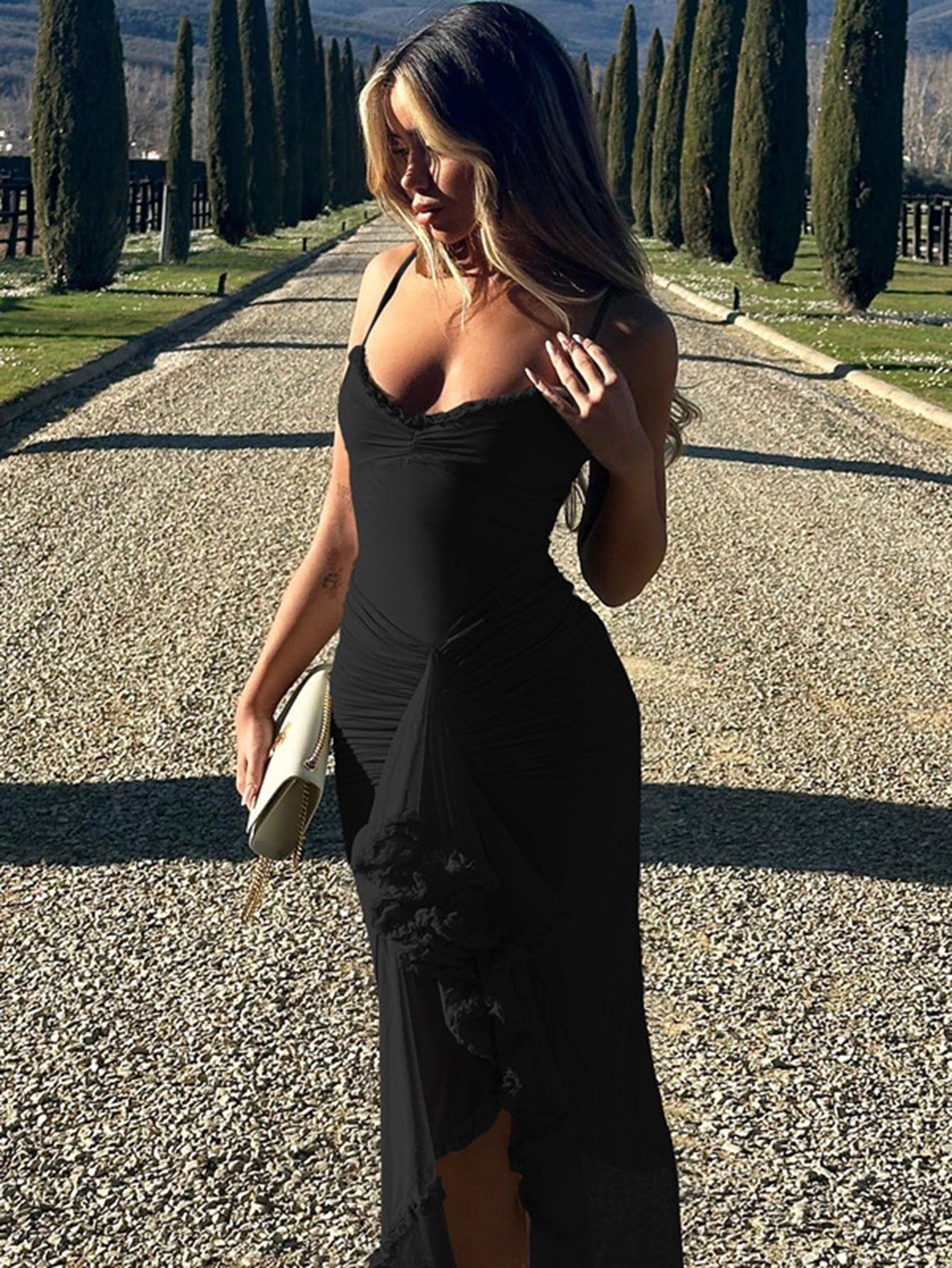 Sweetheart Ruched Chiffon Tiered Ruffle Asymmetrical Hem Maxi Dress