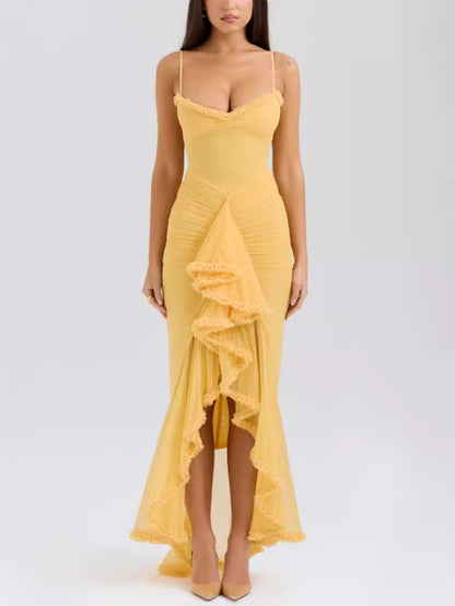 Sweetheart Ruched Chiffon Tiered Ruffle Asymmetrical Hem Maxi Dress