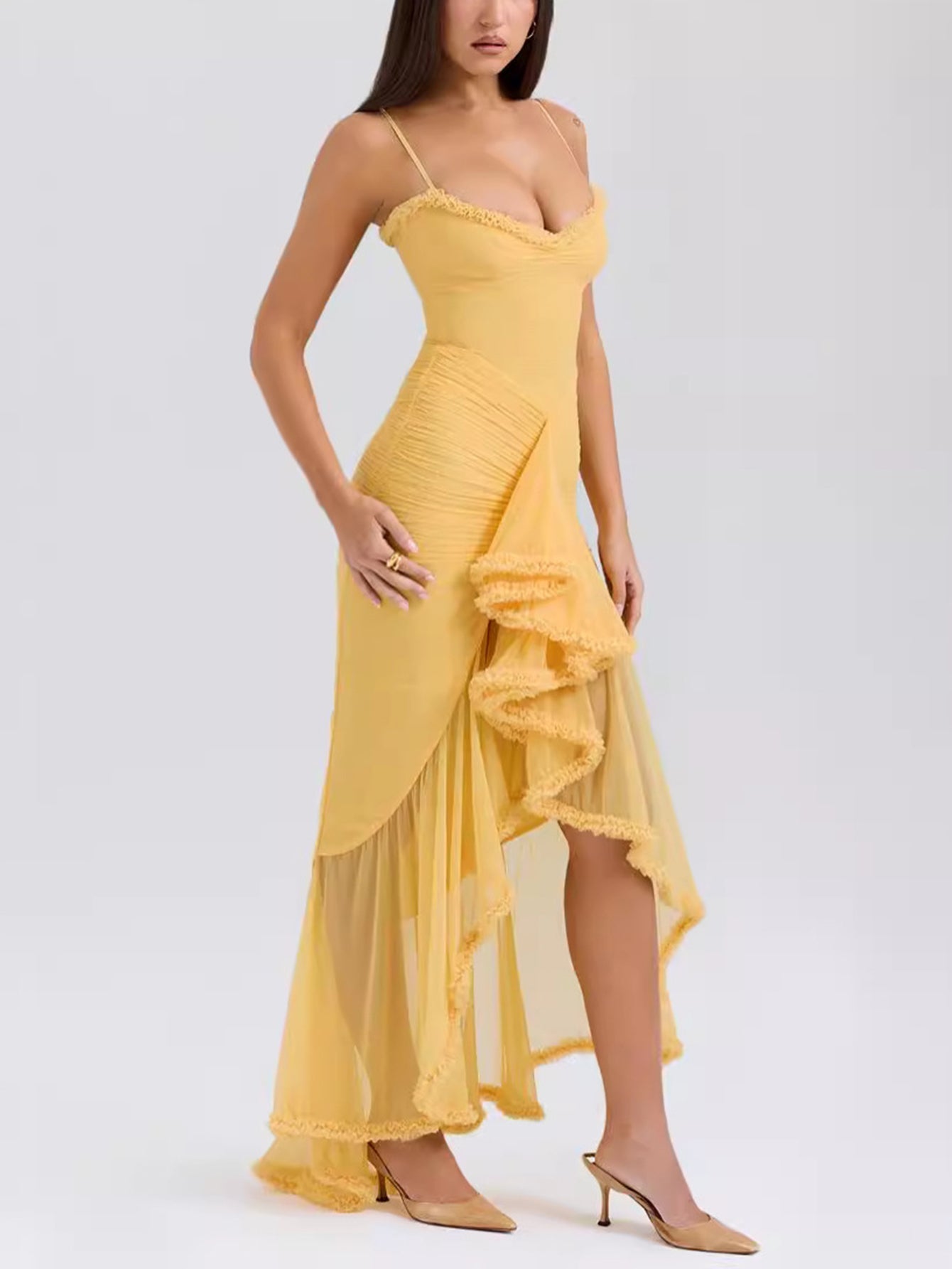 Sweetheart Ruched Chiffon Tiered Ruffle Asymmetrical Hem Maxi Dress