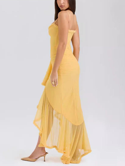 Sweetheart Ruched Chiffon Tiered Ruffle Asymmetrical Hem Maxi Dress