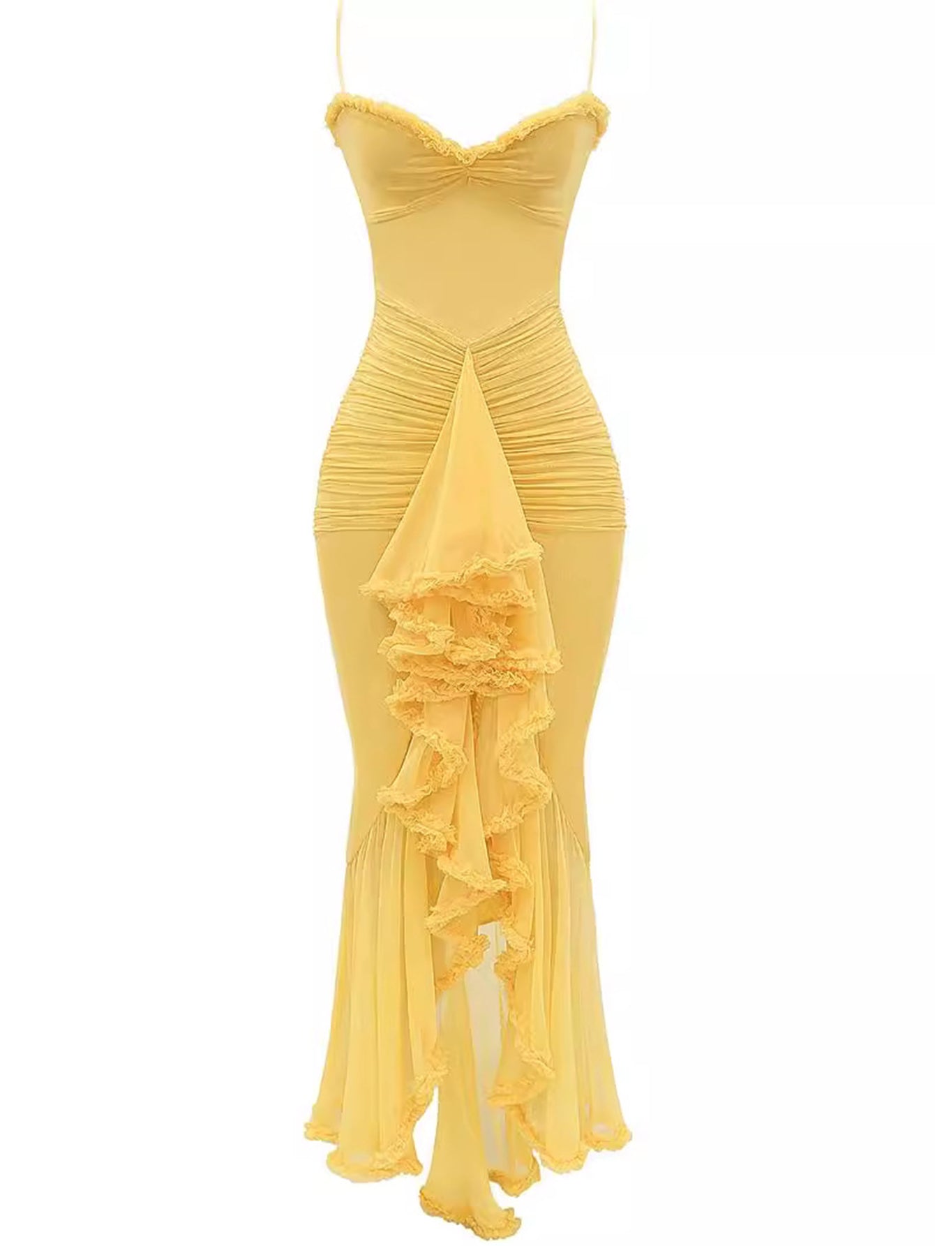Sweetheart Ruched Chiffon Tiered Ruffle Asymmetrical Hem Maxi Dress
