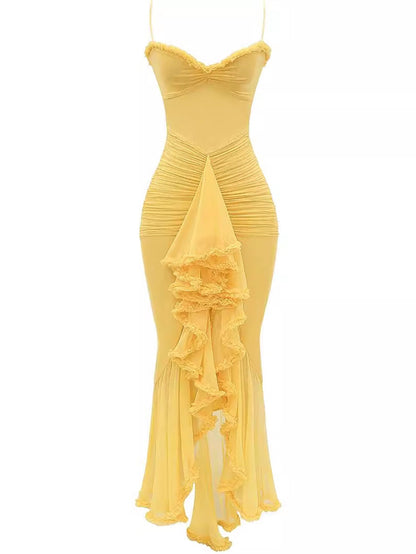 Sweetheart Ruched Chiffon Tiered Ruffle Asymmetrical Hem Maxi Dress