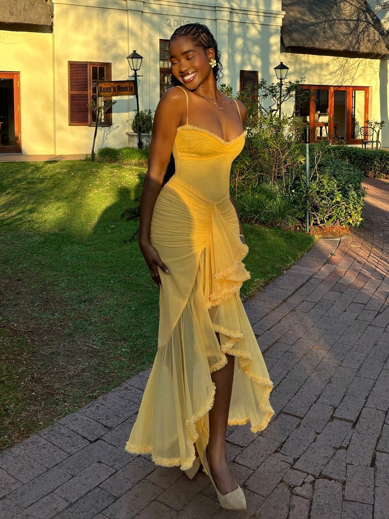 Sweetheart Ruched Chiffon Tiered Ruffle Asymmetrical Hem Maxi Dress