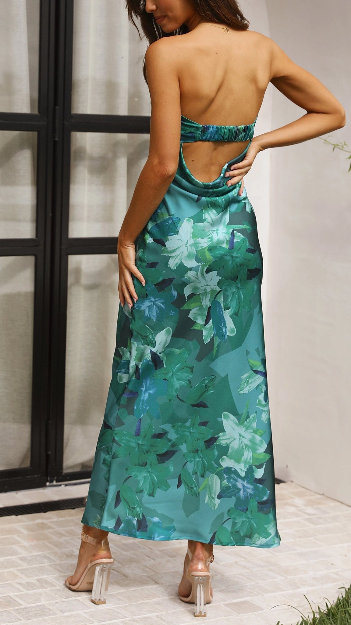 Strapless Foldover Band Floral Print Satin Bodycon Midi Dress