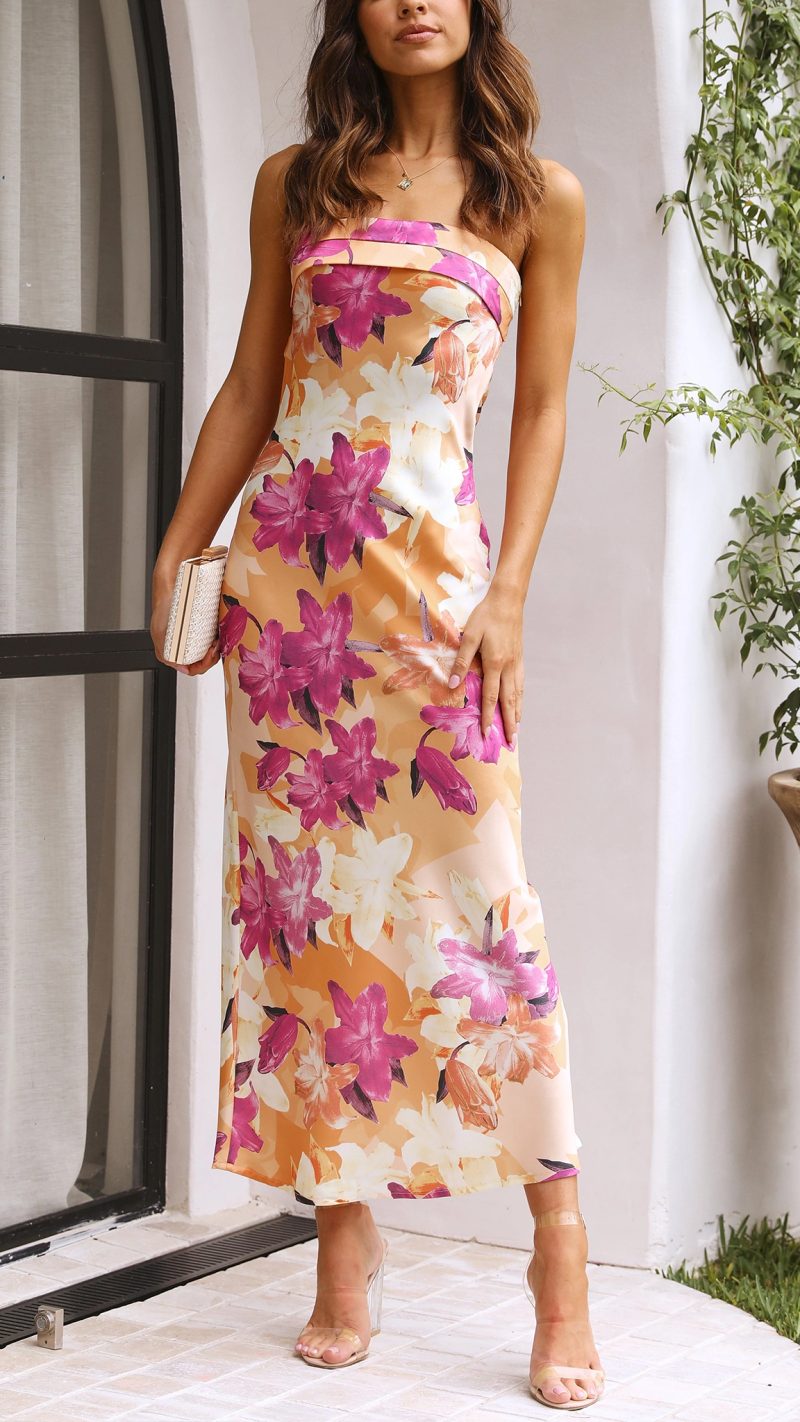 Strapless Foldover Band Floral Print Satin Bodycon Midi Dress