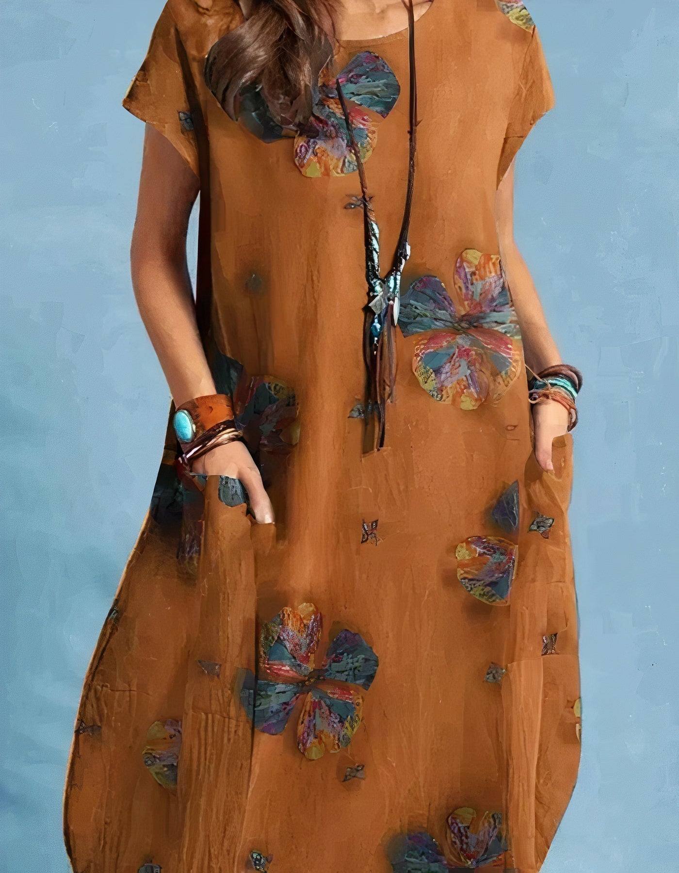 Watercolor Floral Patch Pocket Cap Sleeve Relaxed Tunic Midi Dress