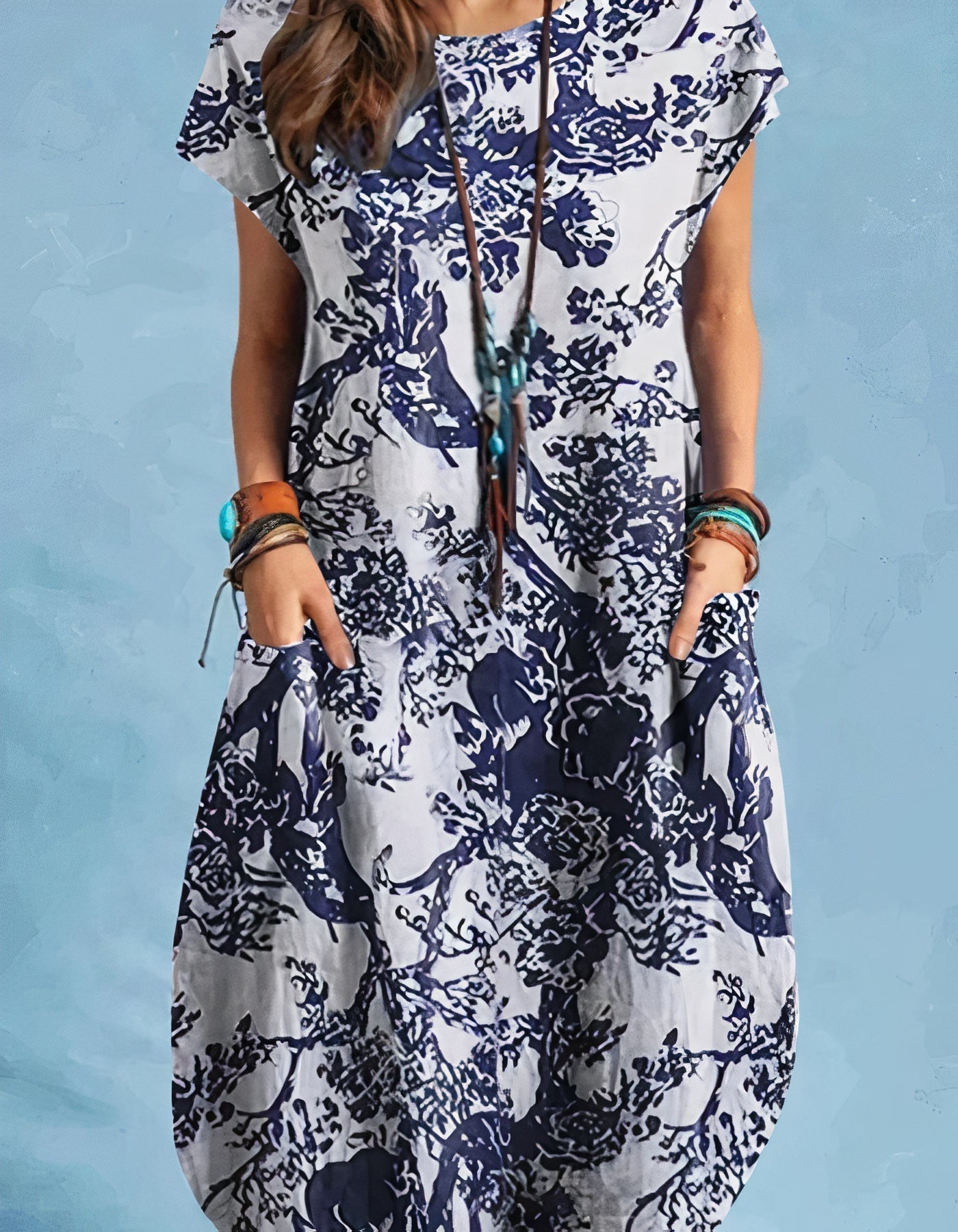 Botanical Floral Print Cap Sleeve Round Neck Pocket Shift Midi Dress