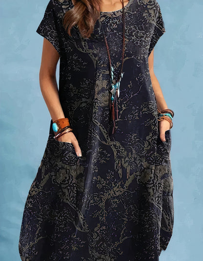 Watercolor Floral Patch Pocket Cap Sleeve Relaxed Tunic Midi Dress