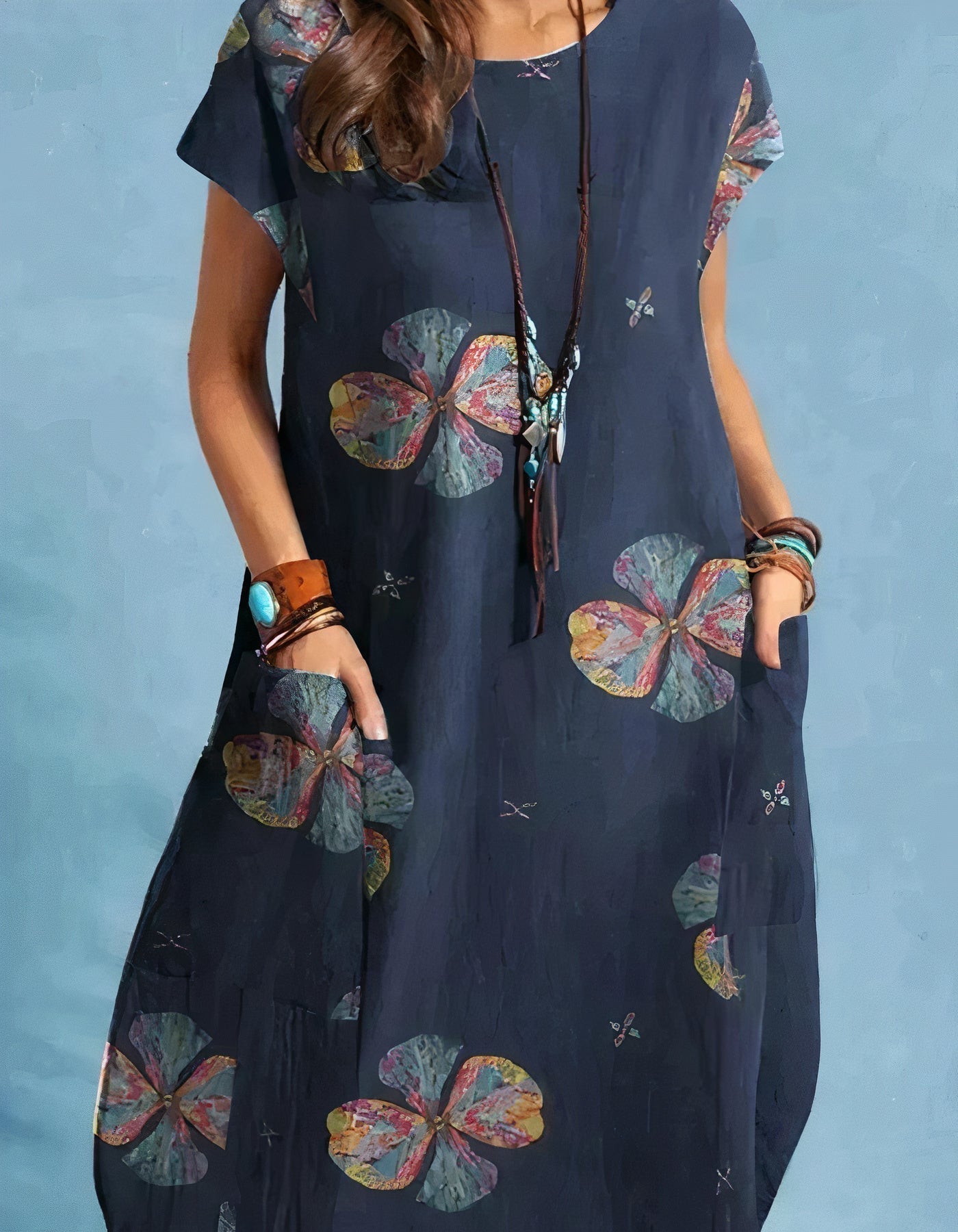 Botanical Floral Print Cap Sleeve Round Neck Pocket Shift Midi Dress