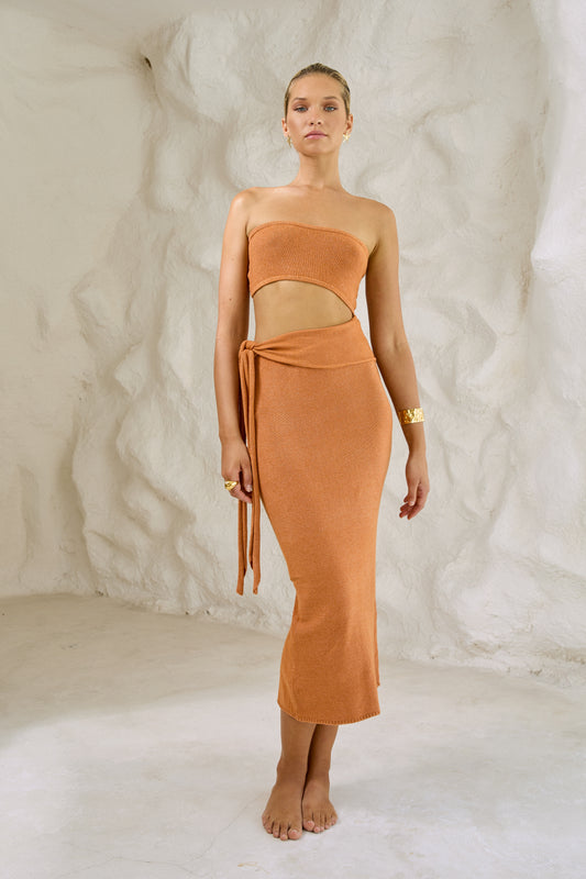Rib Knit Strapless Cutout Tie Waist Wrap Midi Dress