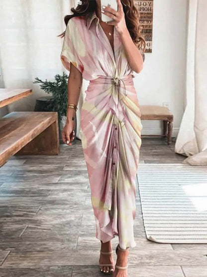 Collared Button Front Knot Waist Watercolor Print Maxi Shirt Dress