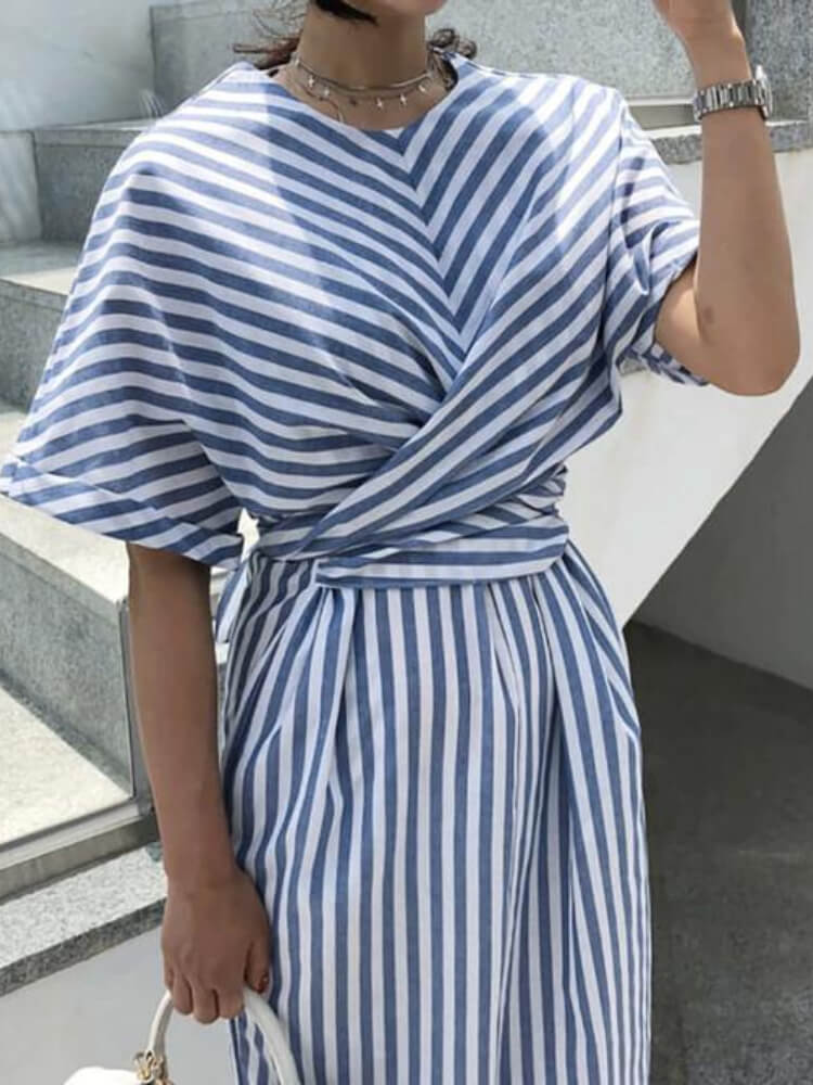High Neck Puff Sleeve Vertical Stripe Wrap Front Slit Maxi Dress