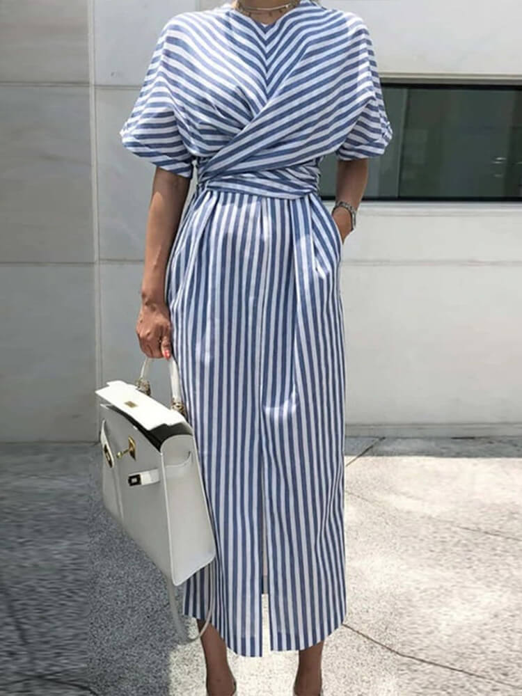 High Neck Puff Sleeve Vertical Stripe Wrap Front Slit Maxi Dress