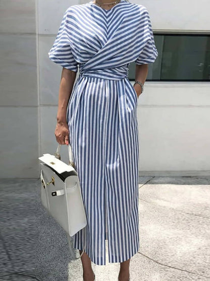 High Neck Puff Sleeve Vertical Stripe Wrap Front Slit Maxi Dress