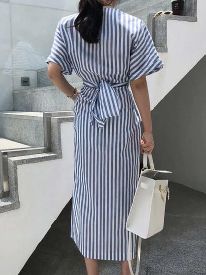 High Neck Puff Sleeve Vertical Stripe Wrap Front Slit Maxi Dress