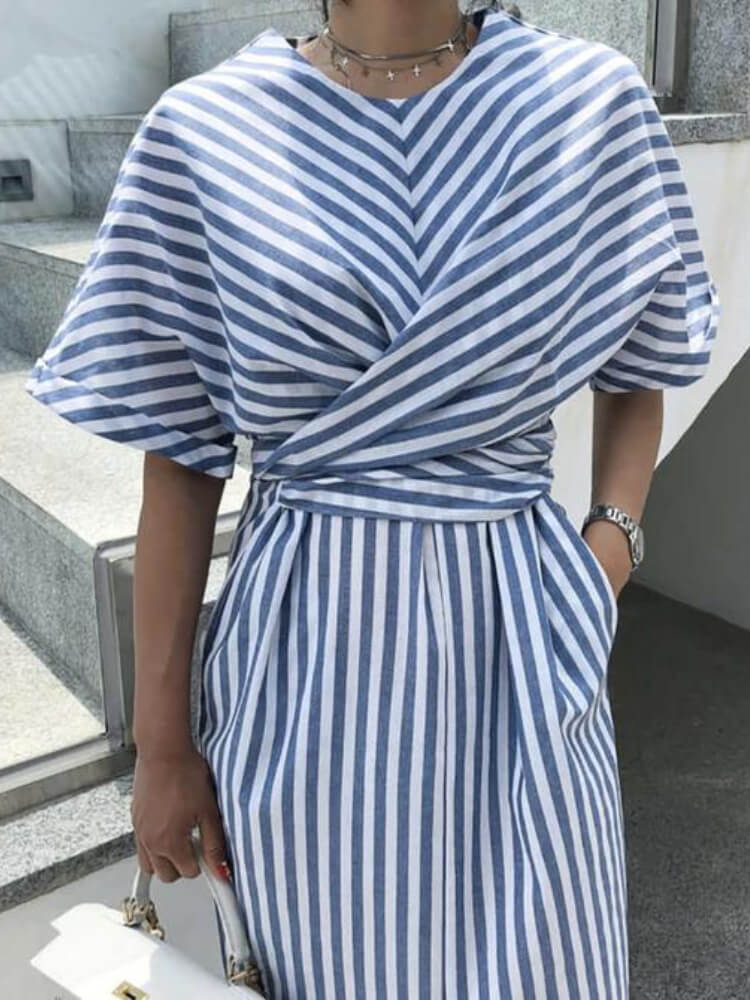 High Neck Puff Sleeve Vertical Stripe Wrap Front Slit Maxi Dress