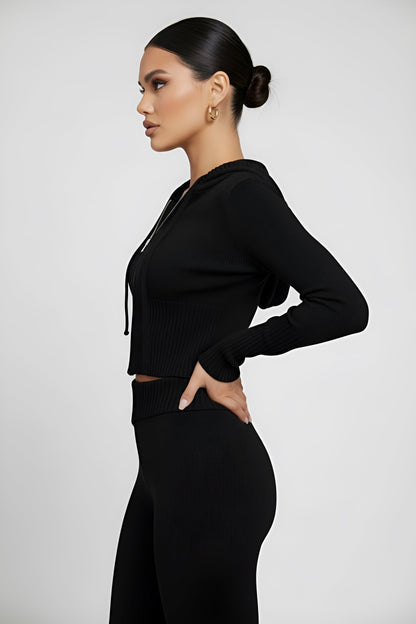 Solid Knit Hooded Top And Asymmetrical Pants Set