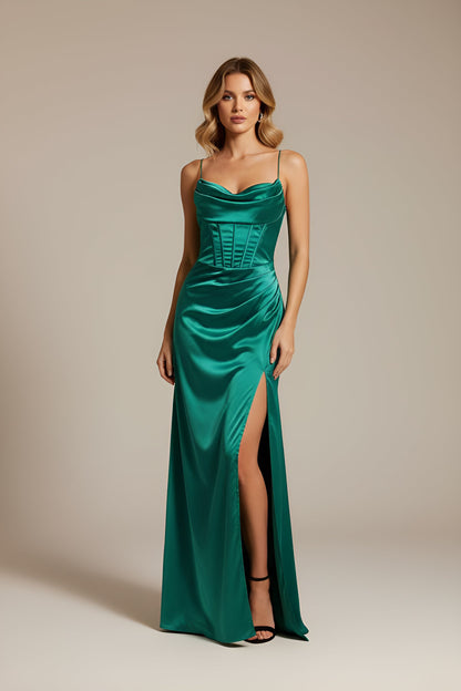 Corset Cowl Neck High Slit Maxi Dress