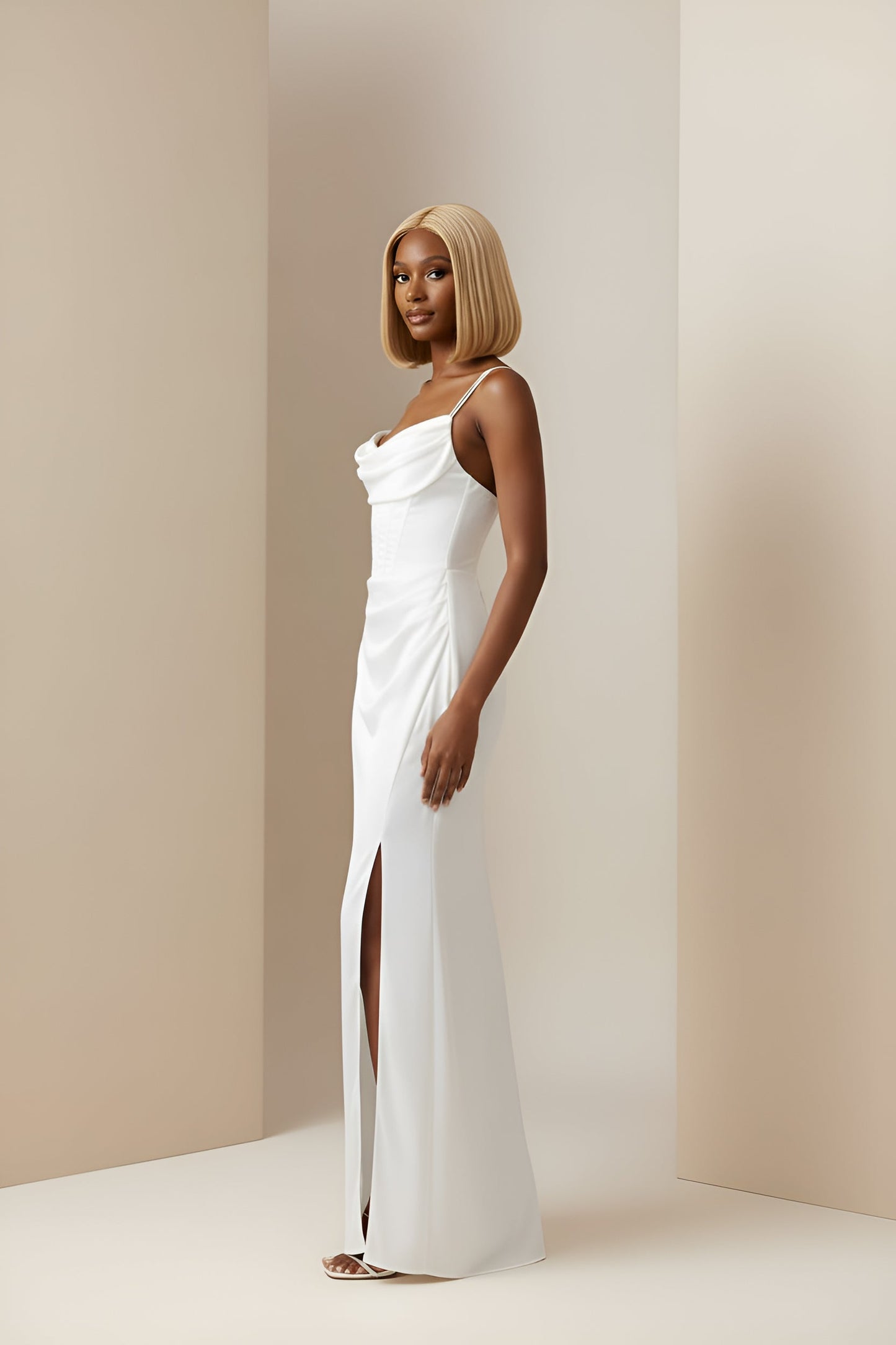 Corset Cowl Neck High Slit Maxi Dress
