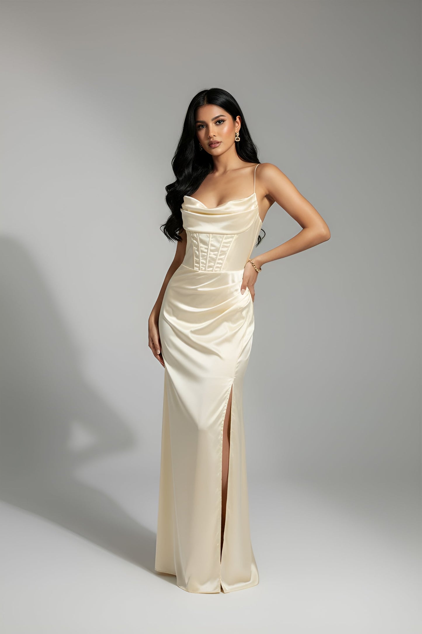 Corset Cowl Neck High Slit Maxi Dress