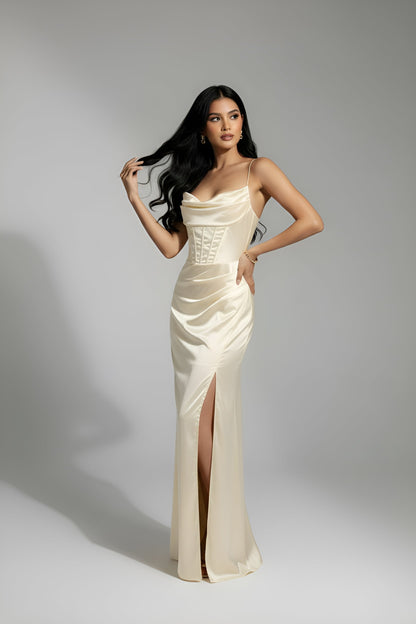 Corset Cowl Neck High Slit Maxi Dress