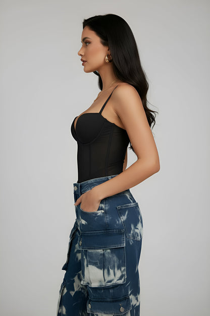 Mesh Patchwork Corset Bustier Slip Bodysuit