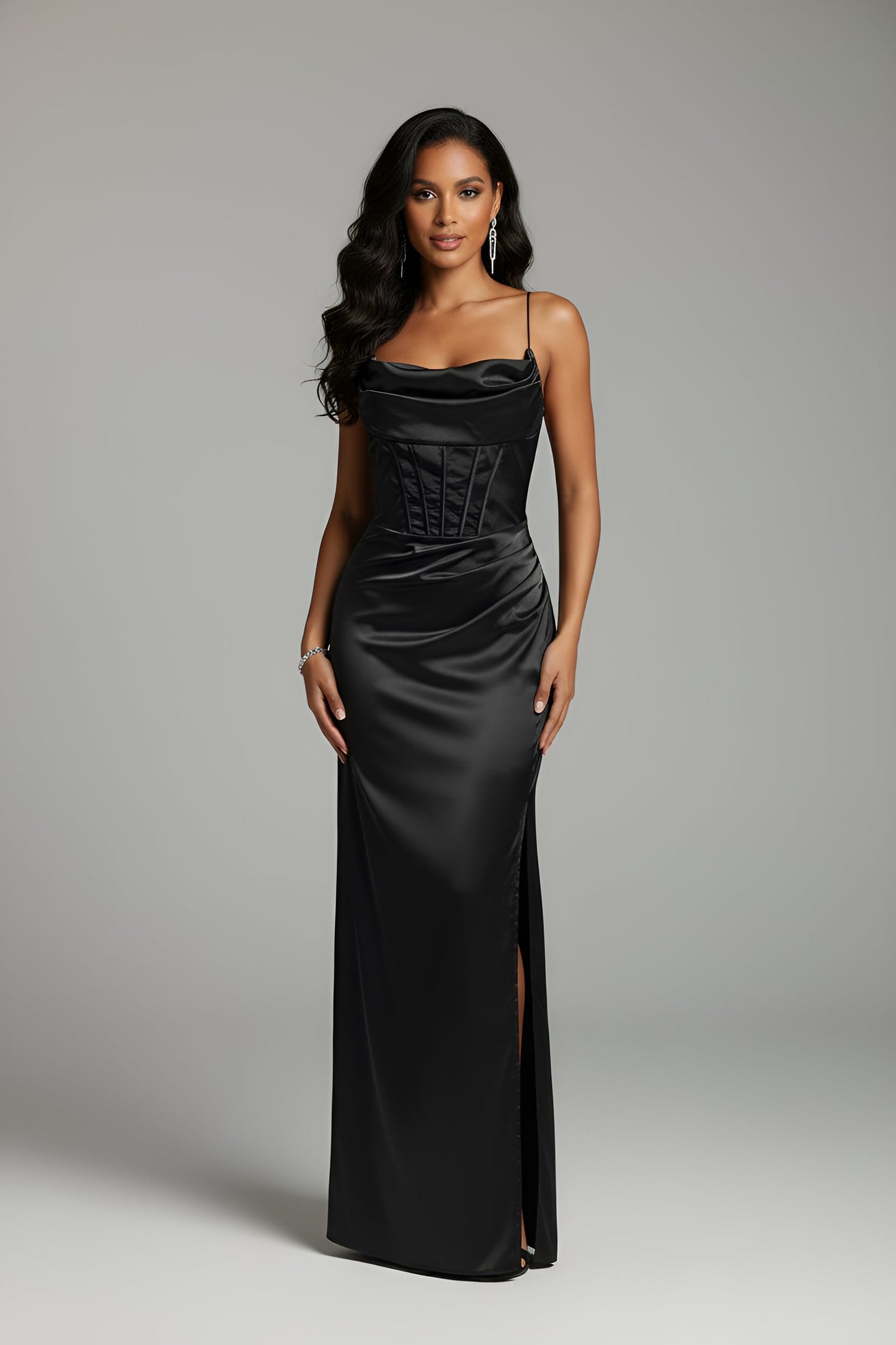 Corset Cowl Neck High Slit Maxi Dress
