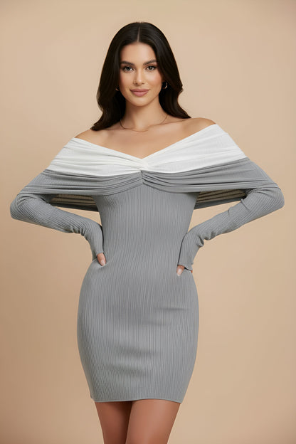 Patchwork Off Shoulder Mini Dress