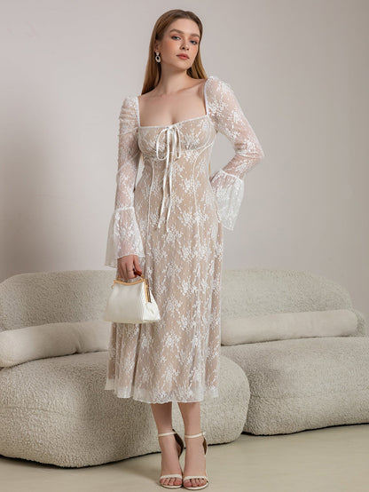 Tie Front Bell Sleeve Contrast Lace Long Dress